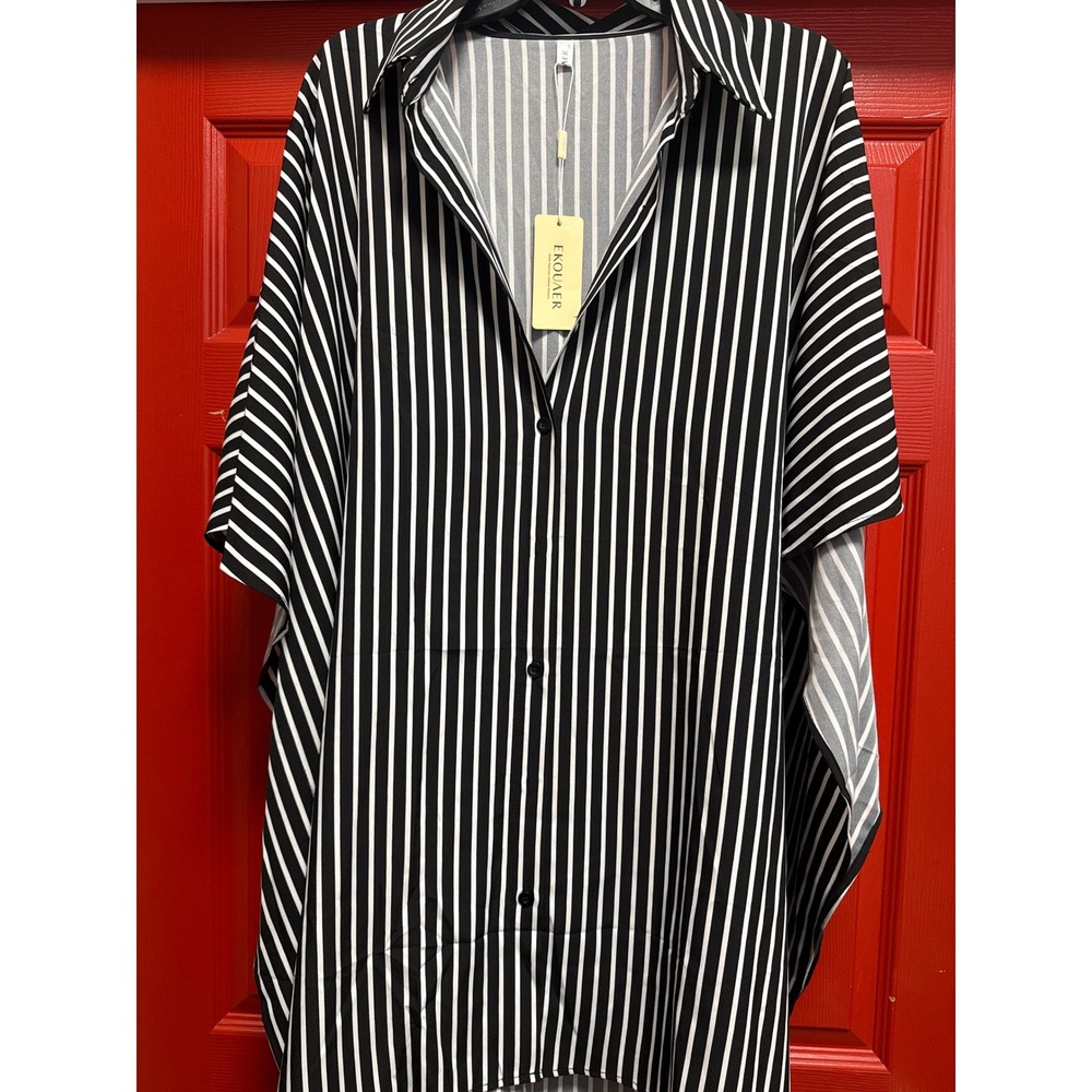 Ekouer Black White Striped Button Down Cover Up Poncho Shirt 3XL NWT